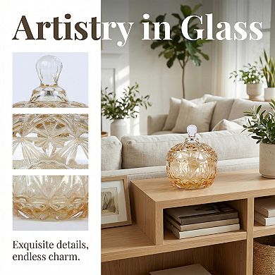Crystal Glass Candy Dish with Lid 8.5oz/250ml Embossed Decorative Box for Home Decor