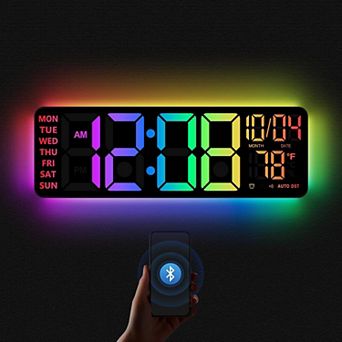 16" Digital Wall Clock RGB Night Light Remote Dual Alarm Auto DST Voice Control Bluetooth Time Sync