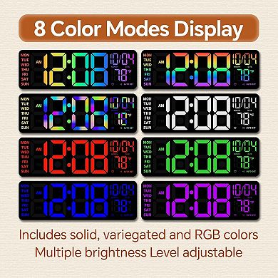 16" Digital Wall Clock RGB Night Light Remote Dual Alarm Auto DST Voice Control Bluetooth Time Sync