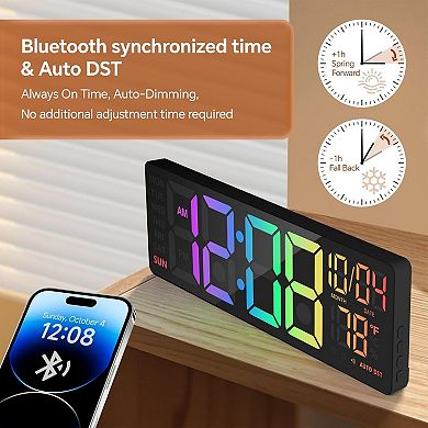 16" Digital Wall Clock RGB Night Light Remote Dual Alarm Auto DST Voice Control Bluetooth Time Sync