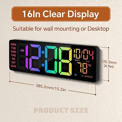 16" Digital Wall Clock RGB Night Light Remote Dual Alarm Auto DST Voice Control Bluetooth Time Sync