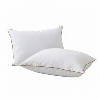 Unikome Diamond Quilted Goose Feather Pillow Set of 2, Brown Piped Hotel Support Bed Pillows