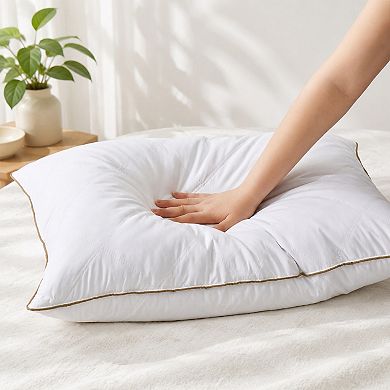 Unikome Diamond Quilted Goose Feather Pillow Set of 2, Brown Piped Hotel Support Bed Pillows