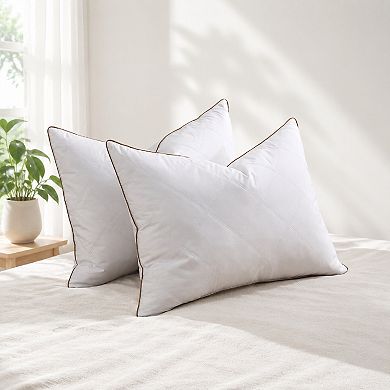 Unikome Diamond Quilted Goose Feather Pillow Set of 2, Brown Piped Hotel Support Bed Pillows