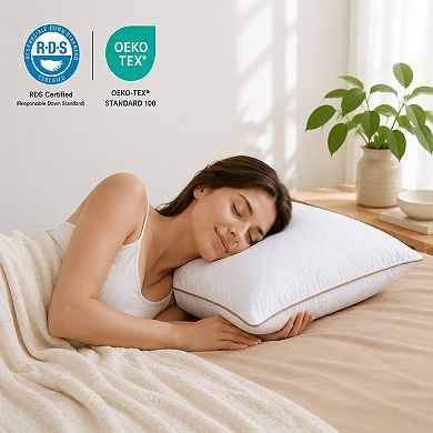 Unikome Diamond Quilted Goose Feather Pillow Set of 2, Brown Piped Hotel Support Bed Pillows
