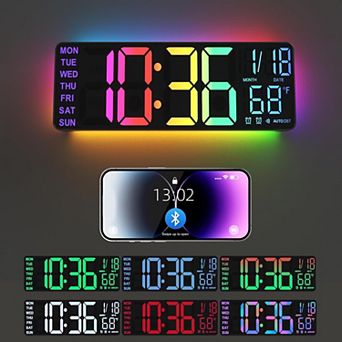 13" Digital Wall Clock, RGB Night Light, Dual Alarm, Voice Control, Auto DST for Home Use