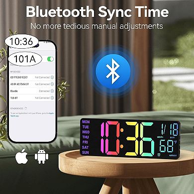 13" Digital Wall Clock, RGB Night Light, Dual Alarm, Voice Control, Auto DST for Home Use