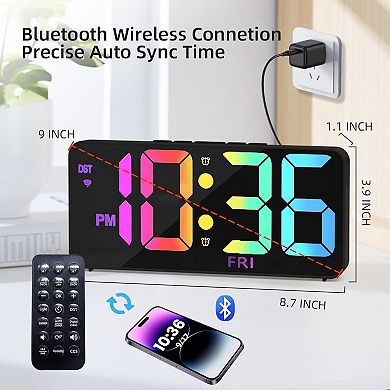 9" Digital Wall Clock with RGB Display, Dual Alarms, Auto Sync, Voice Control & Remote for Bedroom