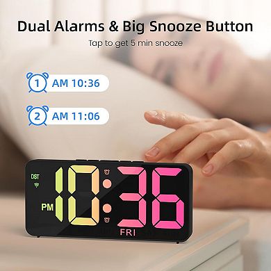 9" Digital Wall Clock with RGB Display, Dual Alarms, Auto Sync, Voice Control & Remote for Bedroom