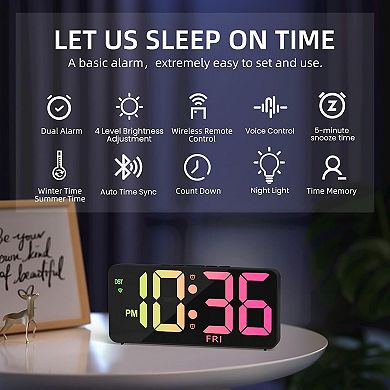 9" Digital Wall Clock with RGB Display, Dual Alarms, Auto Sync, Voice Control & Remote for Bedroom