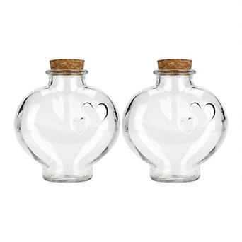 2 pc Large Heart Shaped Glass Jars with Cork Stoppers Clear Bottles 5.4"Lx5.4"Wx5.7"H