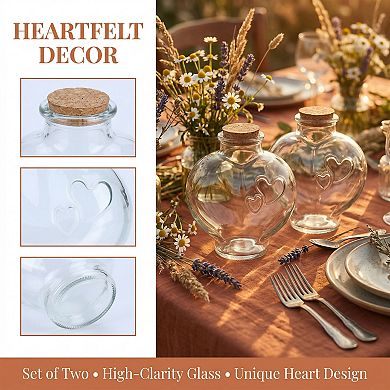 2pcs Large Heart Shaped Glass Jars with Cork Stoppers Clear Bottles 5.4"Lx5.4"Wx5.7"H