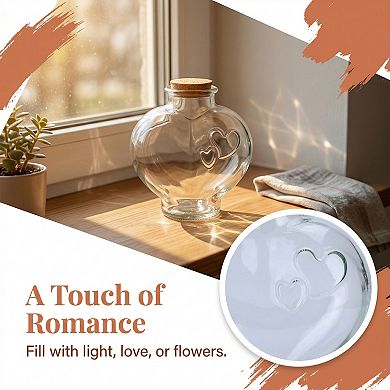 2pcs Large Heart Shaped Glass Jars with Cork Stoppers Clear Bottles 5.4"Lx5.4"Wx5.7"H