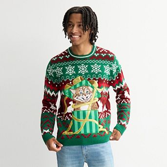 Men's Cat Present Holiday Sweater with Drink Pocket