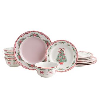 222 Fifth Pinkmas 12 pc Porcelain Dinnerware Set