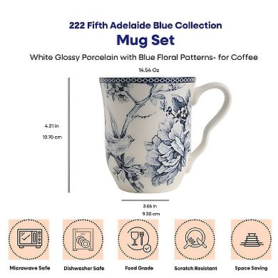 222 Fifth Adelaide Floral Mug Set of 4 - 14 oz. Coffee Mugs