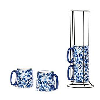 10 Strawberry Street Bella Blue Peonies Espresso Demitasse Stack 4 pc Set