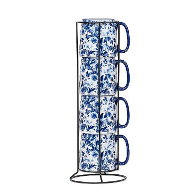 10 Strawberry Street Bella Blue Peonies Espresso Demitasse Stack 4-Piece Set