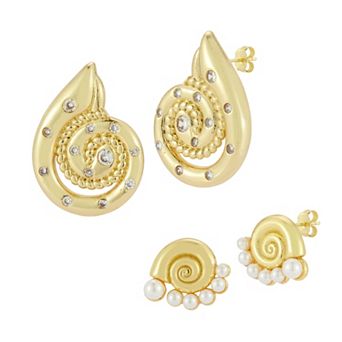 WINX Cubic Zirconia Swirl & Simulated Pearl Seashell Stud Earring Set