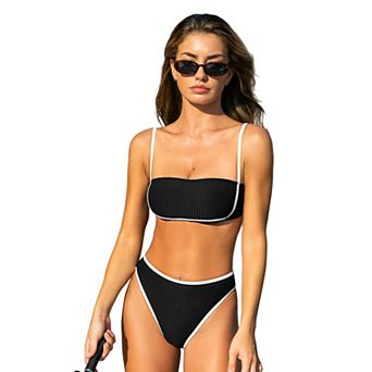Women's Cupshe Chic Sporty Textured Contrast Trim Bandeau Swim Top