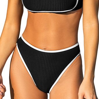 Women's Cupshe Textured Contrast Trim Cheeky High-Waist Bikini Swim Bottoms