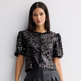 Women's Nine West Cropped Sequin Jacket With Bubble Sleeves