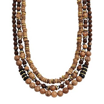 Emberly Gold Tone 3-Row Wood Bead Necklace