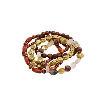 Emberly Gold Tone Red Wood Multi Bead 5-Pack Stretch Bracelet Set