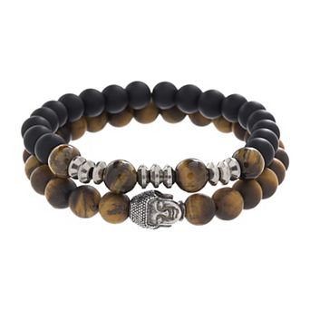 Men's STUDIO 1913 2 pc Ion-Plated Stainless Steel & Natural Lava Stone Buddha Stretch Bracelet Set