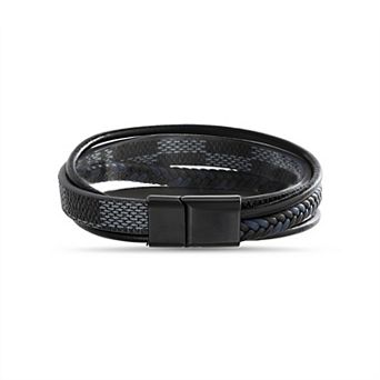 Men's STUDIO 1913 Black Ion-Plated Stainless Steel & Black Leather Layered Bracelet