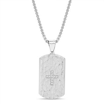 Men's STUDIO 1913 Stainless Steel Cubic Zirconia Center Cross Dog Tag Pendant Necklace