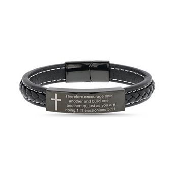 Men's STUDIO 1913 Ion-Plated Stainless Steel Bar & Thessalonians 5:11 Cross Engraved Bracelet