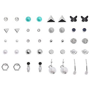 Emberly 20-Pair Silver Tone Black Accent Stud & Drop Earring Set