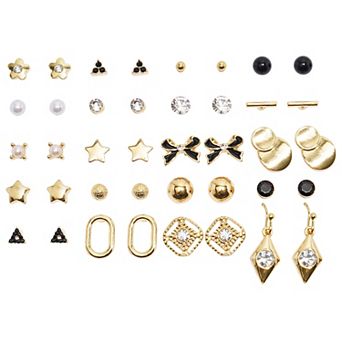 Emberly 20-Pair Gold Tone Black Accent Stars & Round Stud Earring Set