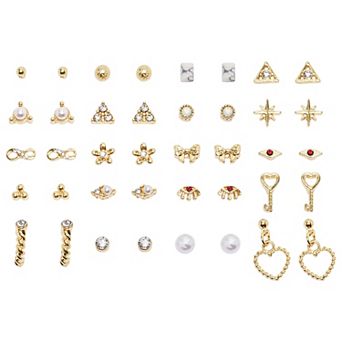Emberly 20-Pair Gold Tone Simulated Pearl Triangle & Heart Earring Set