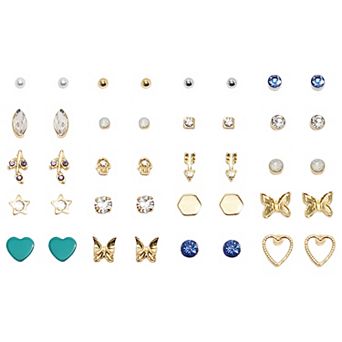 Emberly 20-Pair Gold Tone Butterfly & Blue Stud Earring Set