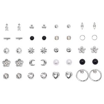 Emberly 20-Pair Silver Tone Black Accent Round Stud Earring Set