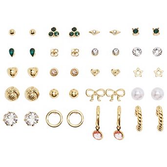 Emberly 20-Pair Gold Tone Green Accent Round Earring Set