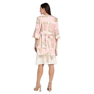 Women's R&M Richards 3-Piece Printed Bell Sleeve Jacket & A-Line Dress Set with Necklace