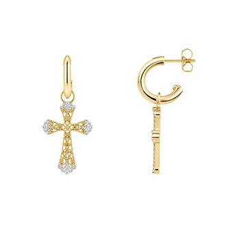 PRIMROSE 14k Gold Flash Plated & Fine Silver Plated Two Tone Filigree Cross Drop Earrings