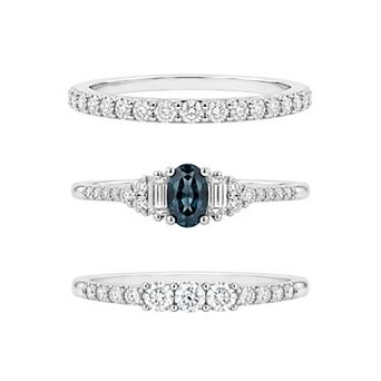 PRIMROSE Fine Silver Plated Cubic Zirconia & Blue Nano Stone Band 3 pc Ring Set