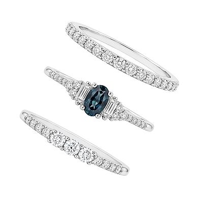 PRIMROSE Fine Silver Plated Cubic Zirconia & Blue Nano Stone Band 3-Piece Ring Set
