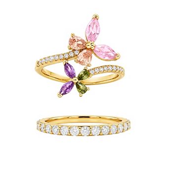 PRIMROSE 14k Gold Flash Plated Cubic Zirconia Double Butterfly Bypass Ring Set