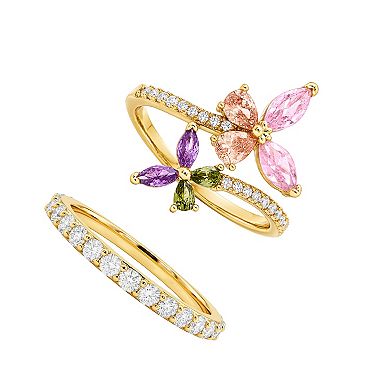 PRIMROSE 14k Gold Flash Plated Cubic Zirconia Double Butterfly Bypass Ring Set