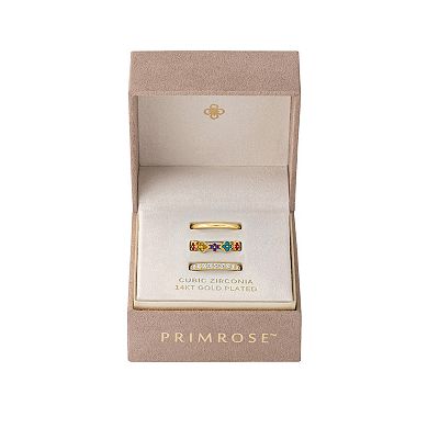 PRIMROSE 14k Gold Flash Plated Multi Gemstone & Simulated Turquoise Clover Band 3-Piece Ring Set