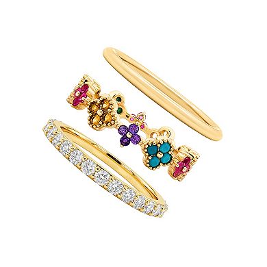PRIMROSE 14k Gold Flash Plated Multi Gemstone & Simulated Turquoise Clover Band 3-Piece Ring Set