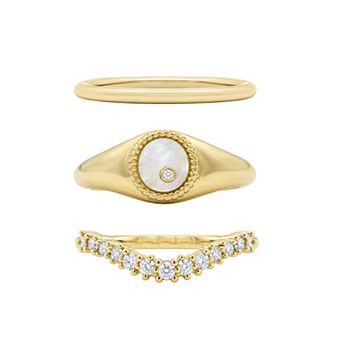 PRIMROSE 14k Gold Flash Plated Mother-of-Pearl & Cubic Zirconia V Shape 3 pc Pinky Ring Set