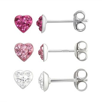 Charming Girl Sterling Silver Heart Stud Earrings 3-Pair Set