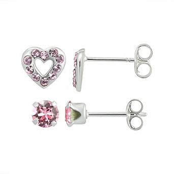 Charming Girl Sterling Silver Crystal Heart & Round 2-Pair Stud Earring Set