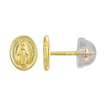 Charming Girl 10k Gold Oval Virgin Mary Stud Earrings